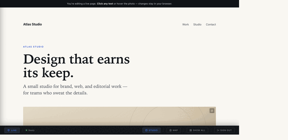 CaretCMS inline editor — click to edit, swap images, open Studio